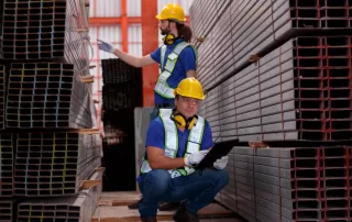 Trabajadores inspeccionando perfiles de acero estructural en bodega industrial