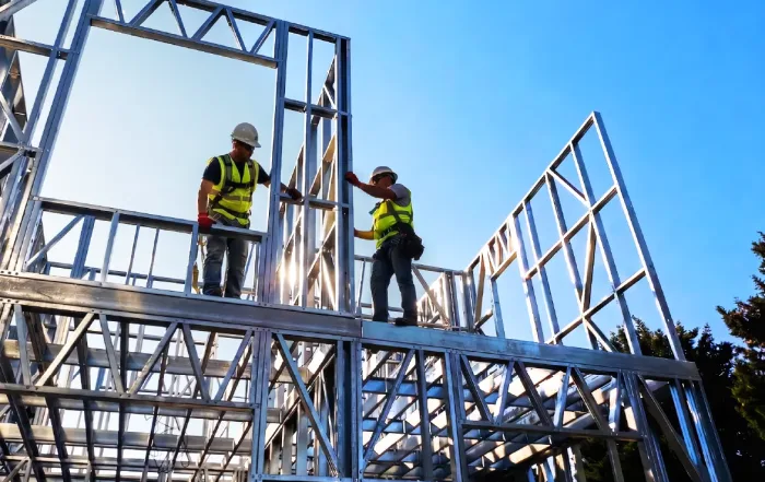 Trabajadores revisando la construcción en terreno INTUPAC San Joaquín