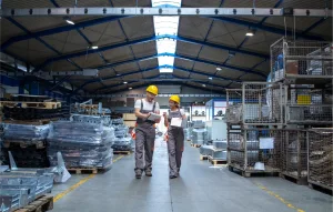 Trabajadores revisando materiales de construcción en bodega INTUPAC San Joaquín